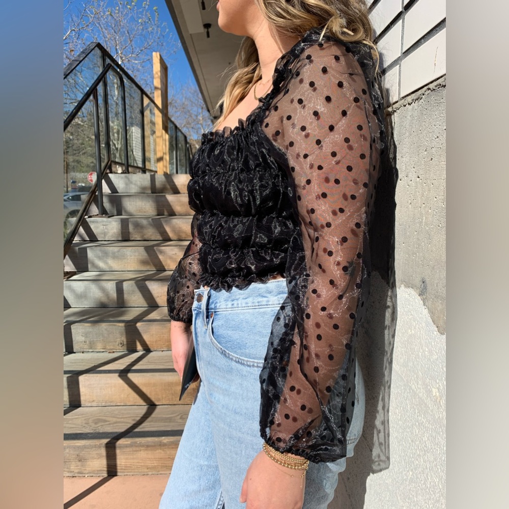 Polka Dot Sheer Sleeve Ruched Top